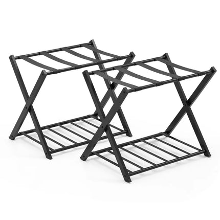Set of 2 Folding Metal Luggage Rack Suitcase-Black - Black - Shoe Racks & Storage Benches