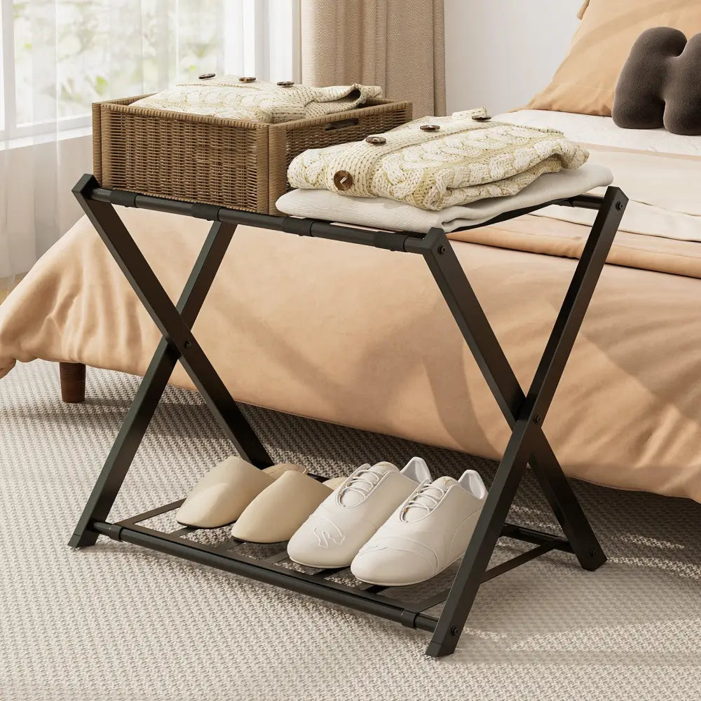 Set of 2 Folding Metal Luggage Rack Suitcase-Black - Black - Shoe Racks & Storage Benches