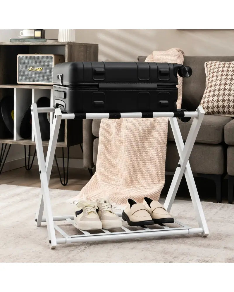 Set of 2 Folding Metal Luggage Rack Suitcase-White - White - Shoe Racks & Storage Benches