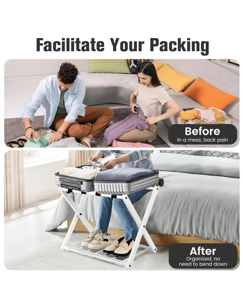 Set of 2 Folding Metal Luggage Rack Suitcase-White - White - Shoe Racks & Storage Benches