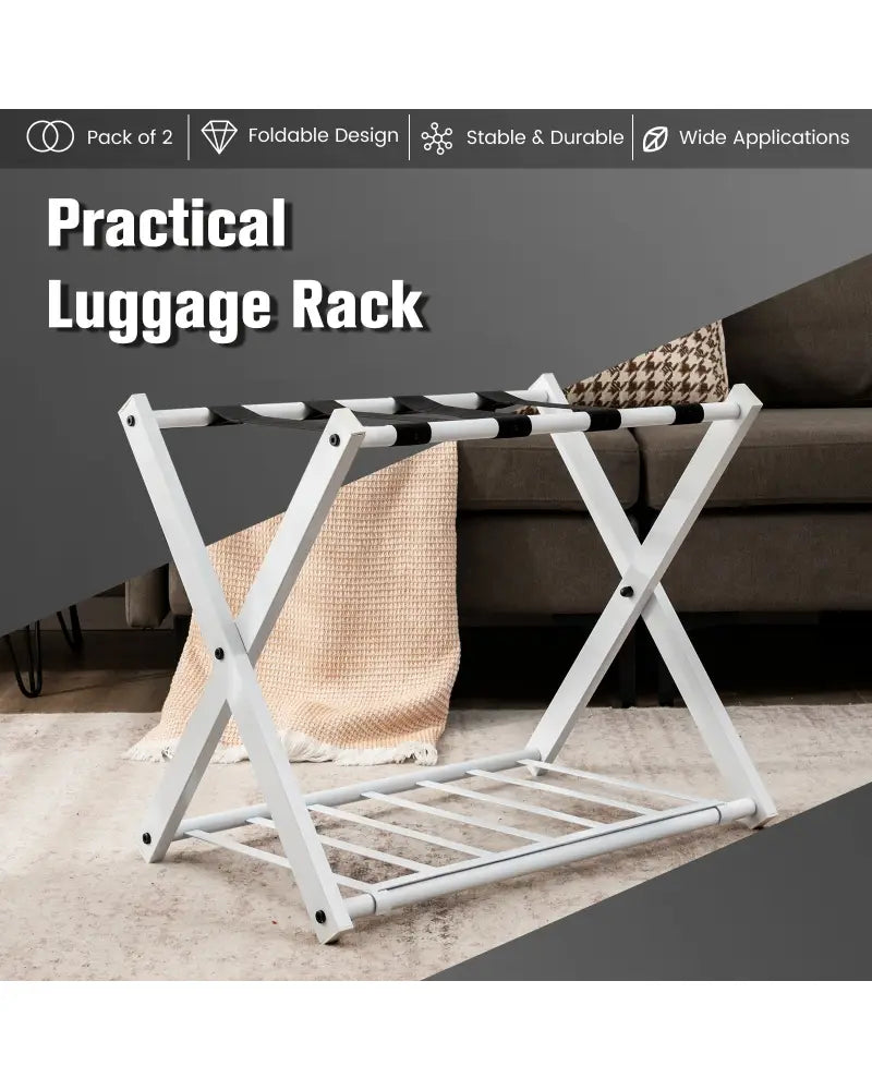 Set of 2 Folding Metal Luggage Rack Suitcase-White - White - Shoe Racks & Storage Benches