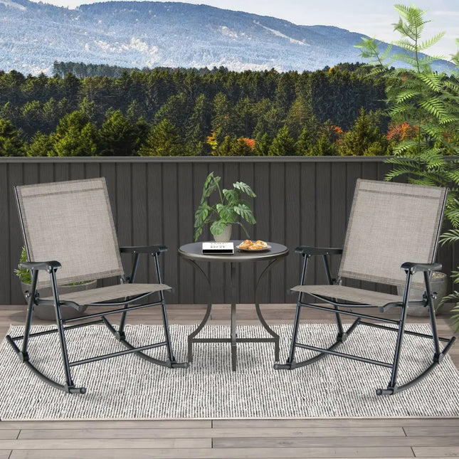 Set of 2 Folding Rocking Chair with Breathable Seat Fabric-Brown - Brown - Patio Rocking Chairs & Gliders