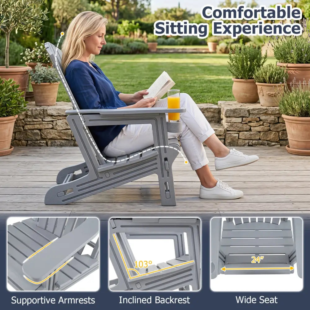 Set of 2 HDPE Adirondack Chair with Cup Holder and Wood-Like Texture for Garden-Gray - Gray - Adirondack Chairs