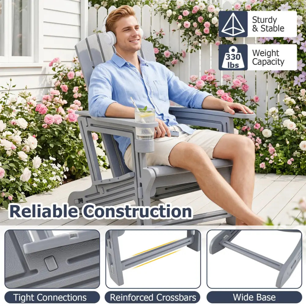 Set of 2 HDPE Adirondack Chair with Cup Holder and Wood-Like Texture for Garden-Gray - Gray - Adirondack Chairs