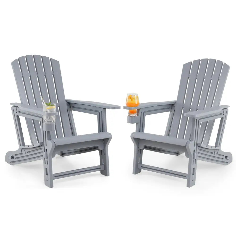 Set of 2 HDPE Adirondack Chair with Cup Holder and Wood-Like Texture for Garden-Gray - Gray - Adirondack Chairs