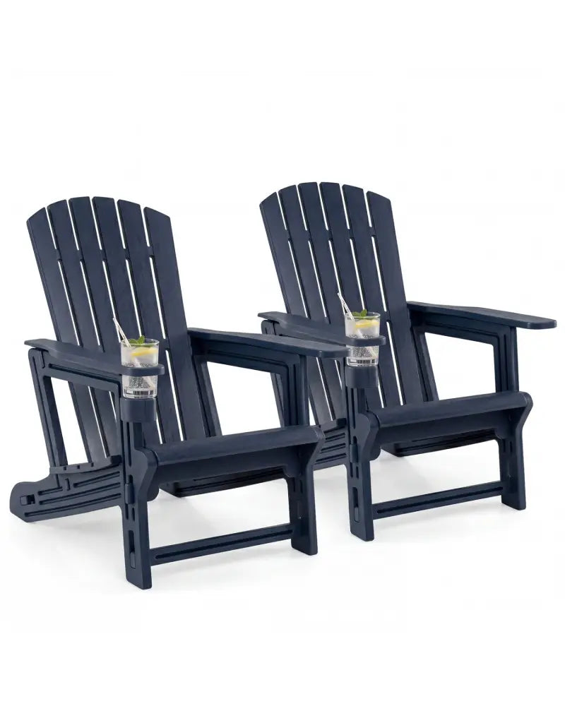 Set of 2 HDPE Adirondack Chair with Cup Holder and Wood-Like Texture for Garden-Blue - Blue - Adirondack Chairs
