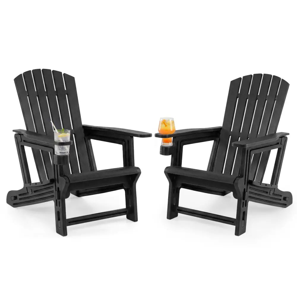 Set of 2 HDPE Adirondack Chair with Cup Holder and Wood-Like Texture for Garden-Black - Black - Adirondack Chairs