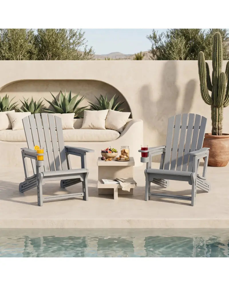 Set of 2 HDPE Adirondack Chair with Cup Holder and Wood-Like Texture for Garden-Gray - Gray - Adirondack Chairs