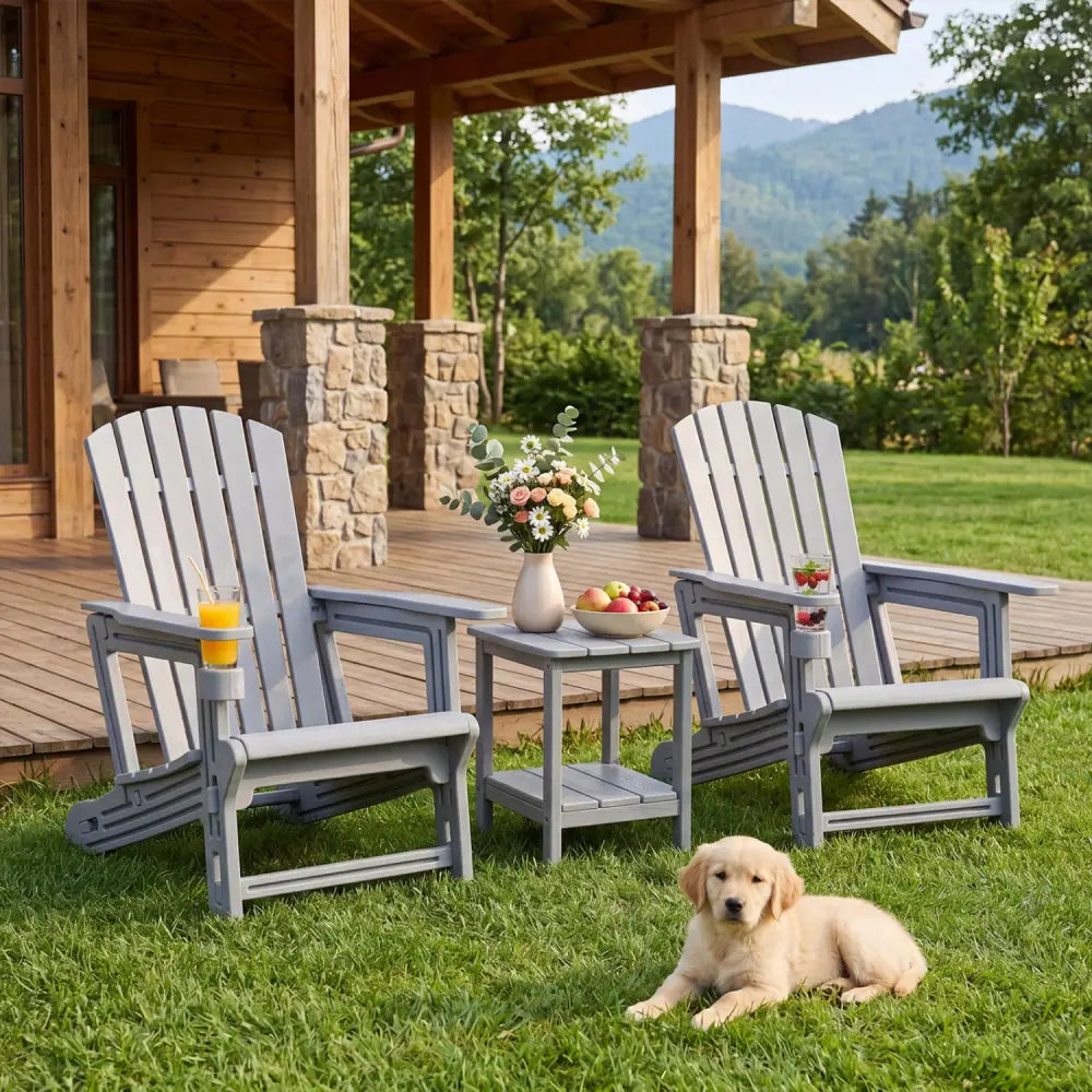 Set of 2 HDPE Adirondack Chair with Cup Holder and Wood-Like Texture for Garden-Gray - Gray - Adirondack Chairs
