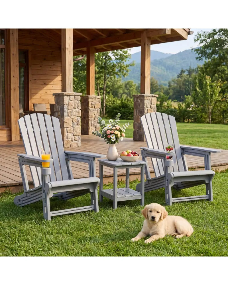Set of 2 HDPE Adirondack Chair with Cup Holder and Wood-Like Texture for Garden-Gray - Gray - Adirondack Chairs