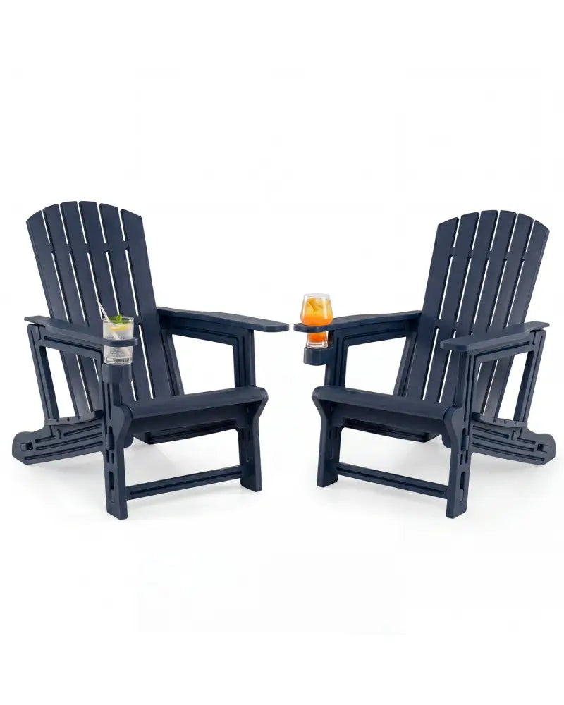 Set of 2 HDPE Adirondack Chair with Cup Holder and Wood-Like Texture for Garden-Blue - Blue - Adirondack Chairs