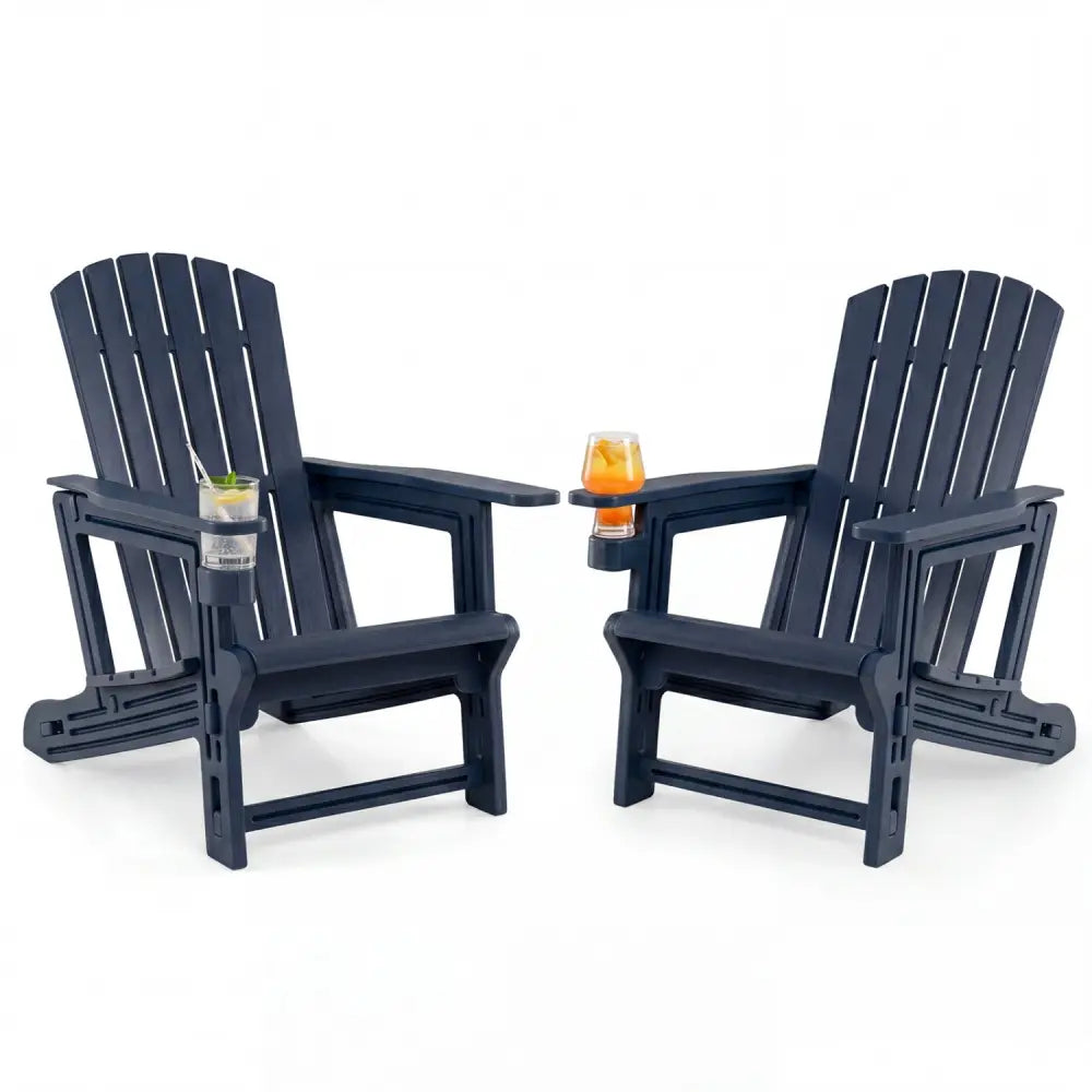 Set of 2 HDPE Adirondack Chair with Cup Holder and Wood-Like Texture for Garden-Blue - Blue - Adirondack Chairs