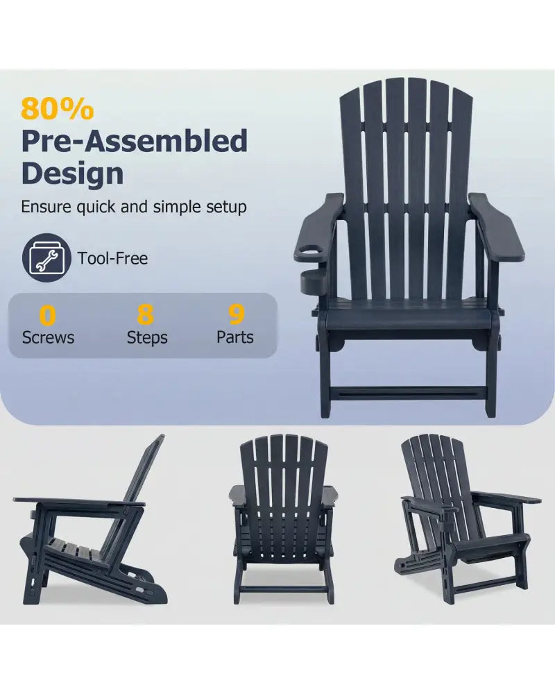 Set of 2 HDPE Adirondack Chair with Cup Holder and Wood-Like Texture for Garden-Blue - Blue - Adirondack Chairs