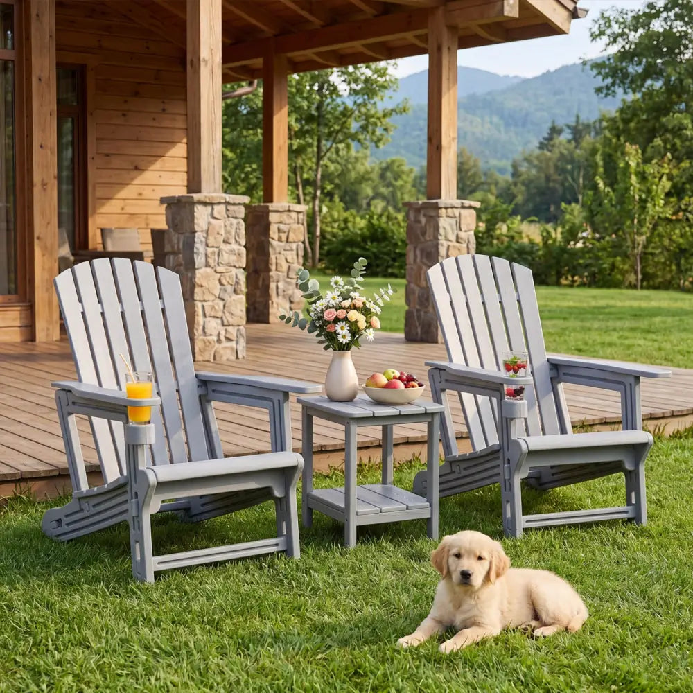 Set of 2 HDPE Adirondack Chair with Cup Holder and Wood-Like Texture for Garden-Gray - Gray - Adirondack Chairs