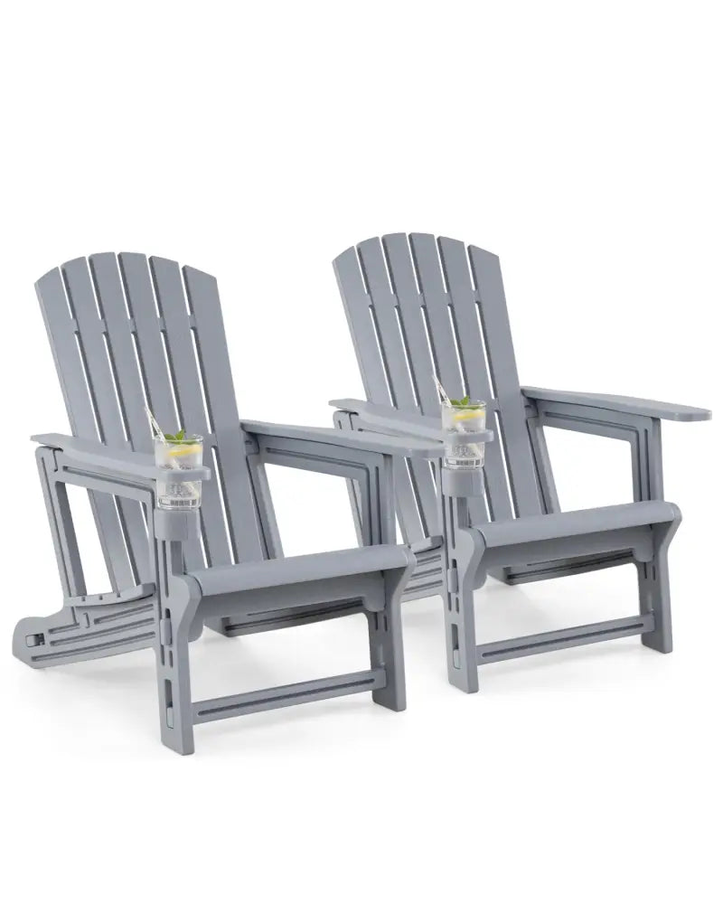 Set of 2 HDPE Adirondack Chair with Cup Holder and Wood-Like Texture for Garden-Gray - Gray - Adirondack Chairs