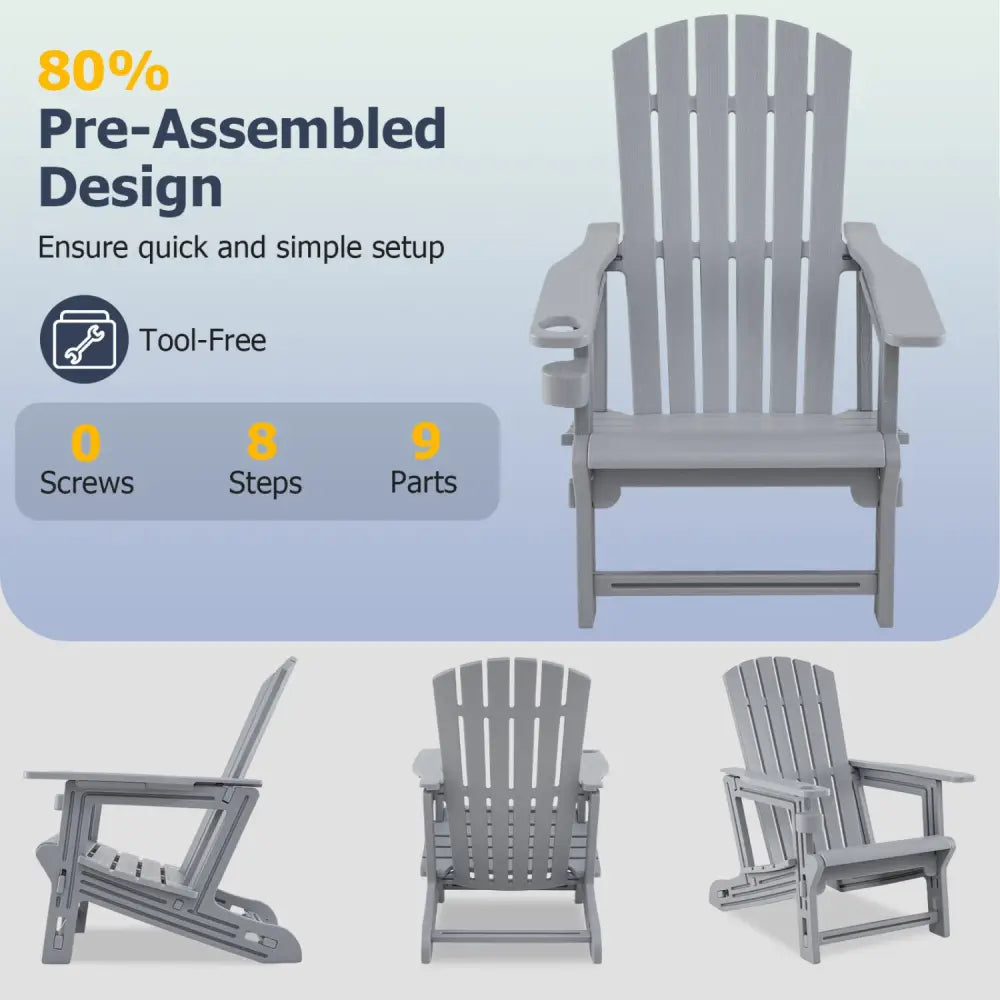 Set of 2 HDPE Adirondack Chair with Cup Holder and Wood-Like Texture for Garden-Gray - Gray - Adirondack Chairs
