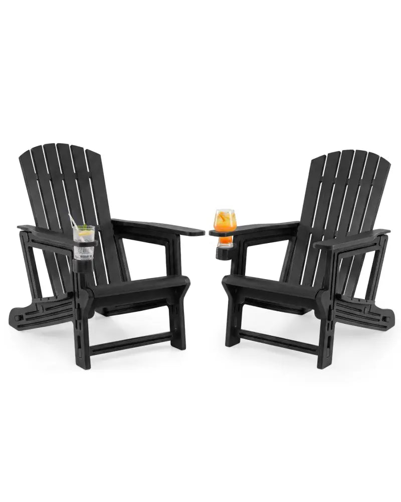 Set of 2 HDPE Adirondack Chair with Cup Holder and Wood-Like Texture for Garden-Black - Black - Adirondack Chairs
