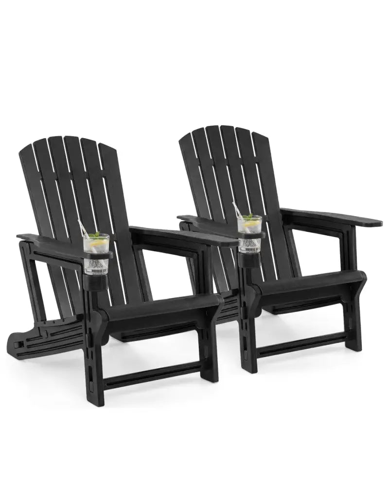 Set of 2 HDPE Adirondack Chair with Cup Holder and Wood-Like Texture for Garden-Black - Black - Adirondack Chairs