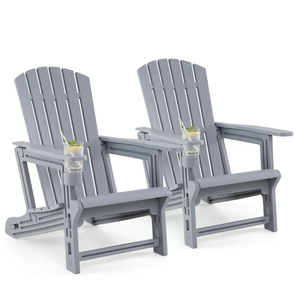 Set of 2 HDPE Adirondack Chair with Cup Holder and Wood-Like Texture for Garden-Gray - Gray - Adirondack Chairs