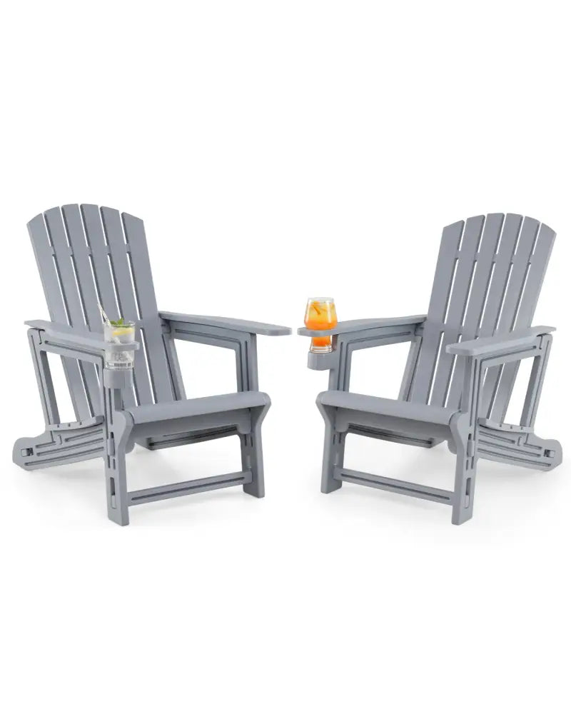 Set of 2 HDPE Adirondack Chair with Cup Holder and Wood-Like Texture for Garden-Gray - Gray - Adirondack Chairs