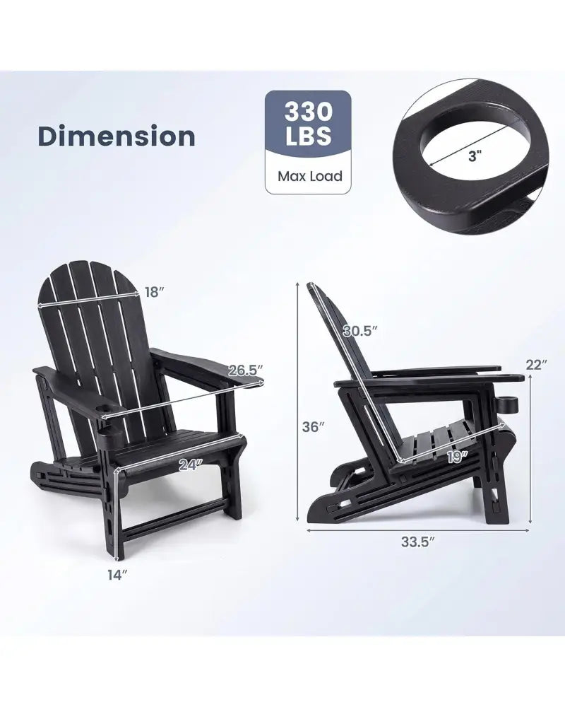 Set of 2 HDPE Adirondack Chair with Cup Holder and Wooden Texture for Patio-Black - Black - Adirondack Chairs