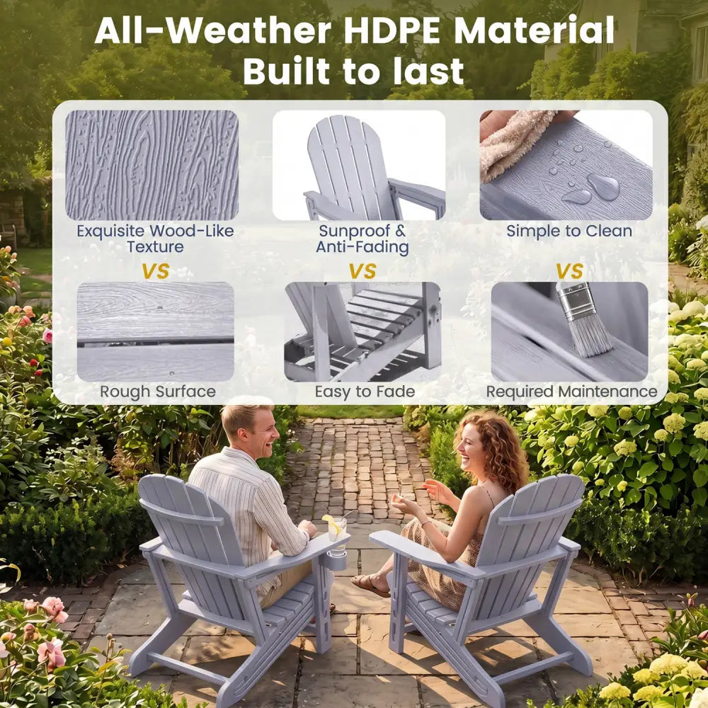 Set of 2 HDPE Adirondack Chair with Cup Holder and Wooden Texture for Patio-Gray - Gray - Adirondack Chairs