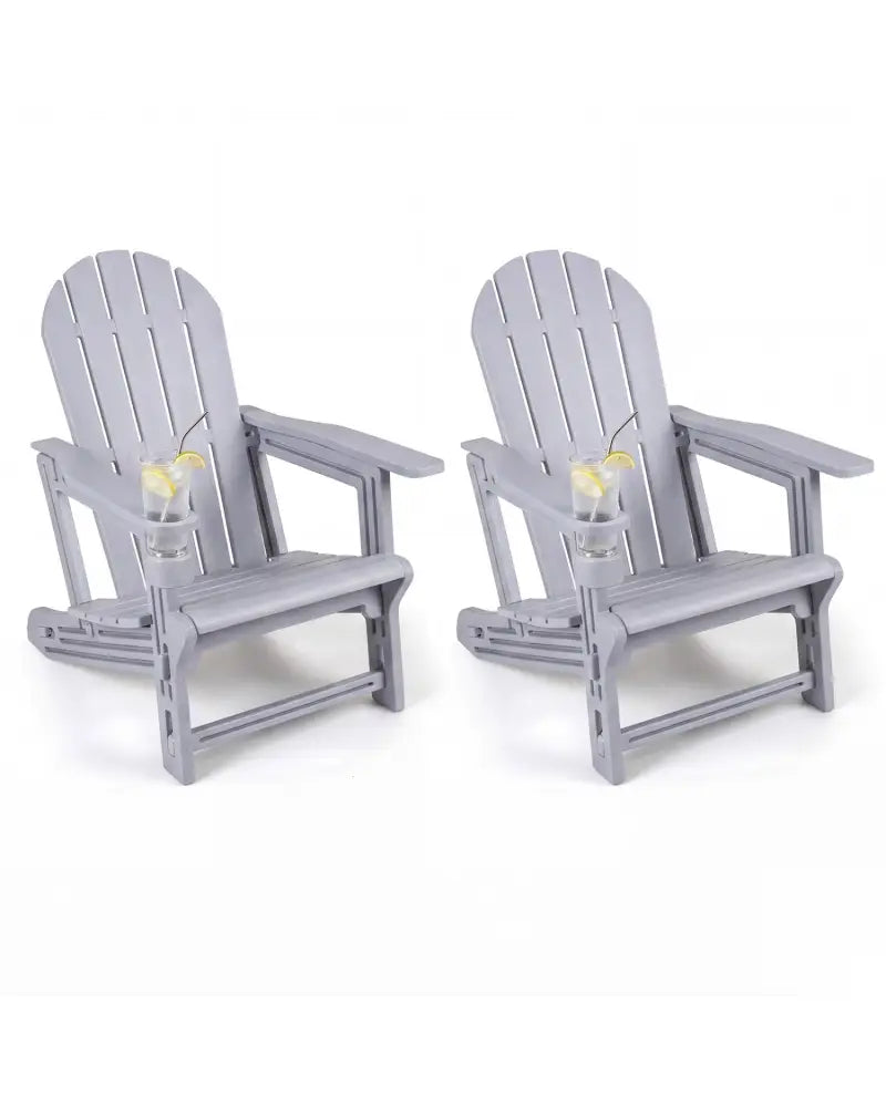 Set of 2 HDPE Adirondack Chair with Cup Holder and Wooden Texture for Patio-Gray - Gray - Adirondack Chairs