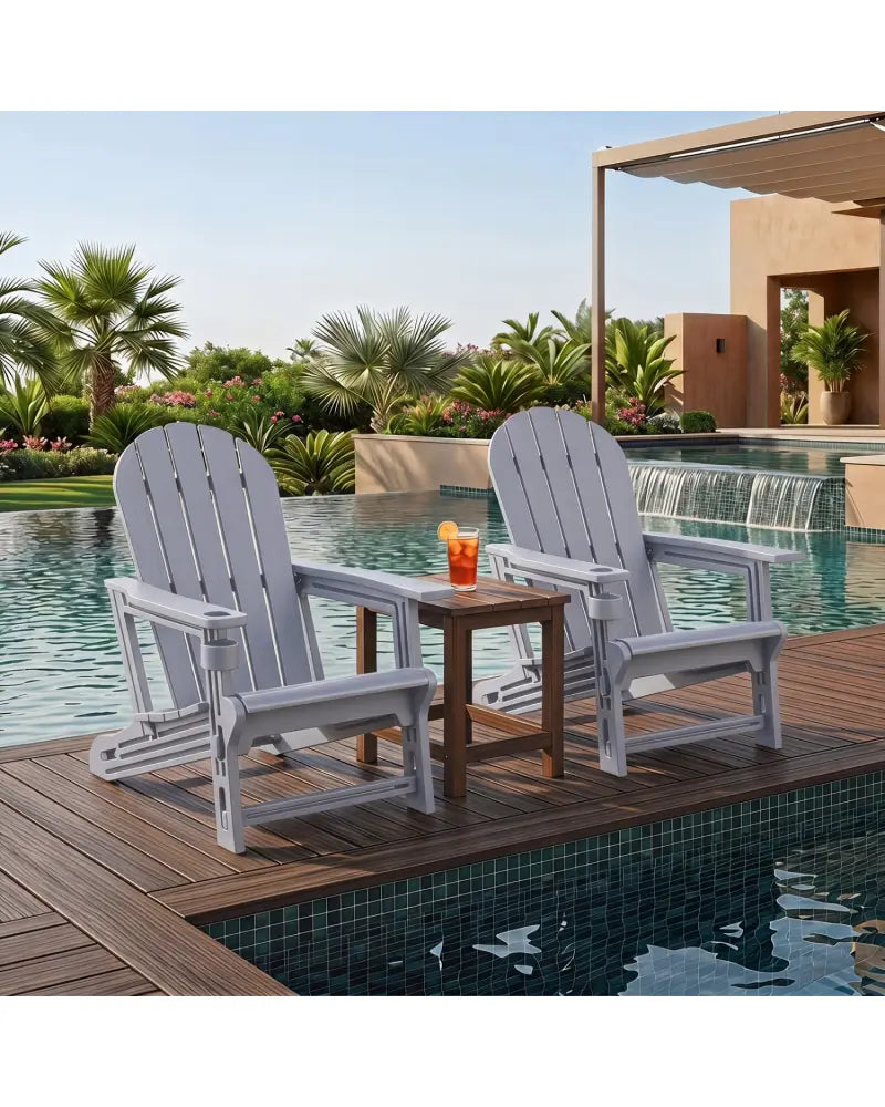 Set of 2 HDPE Adirondack Chair with Cup Holder and Wooden Texture for Patio-Gray - Gray - Adirondack Chairs