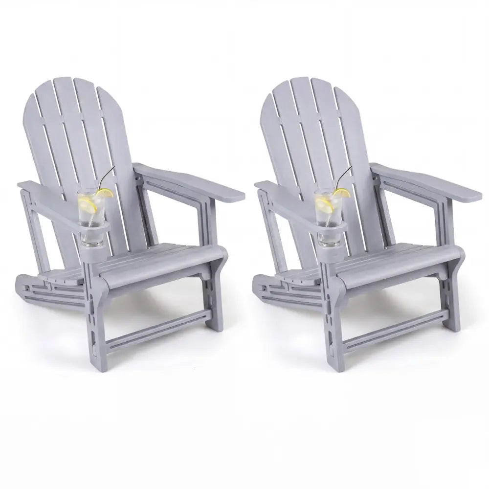 Set of 2 HDPE Adirondack Chair with Cup Holder and Wooden Texture for Patio-Gray - Gray - Adirondack Chairs