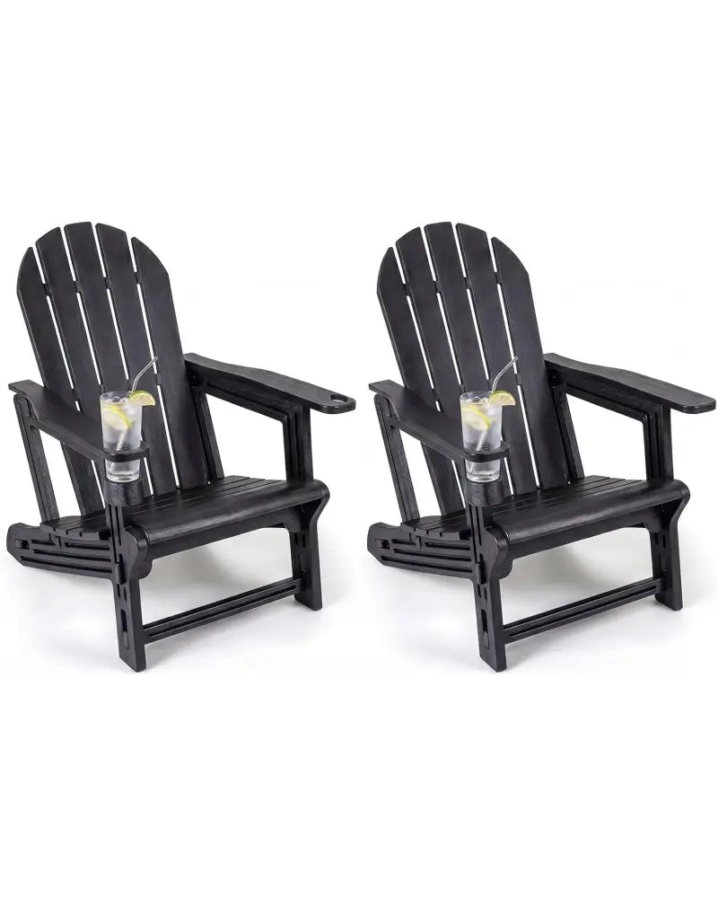 Set of 2 HDPE Adirondack Chair with Cup Holder and Wooden Texture for Patio-Black - Black - Adirondack Chairs