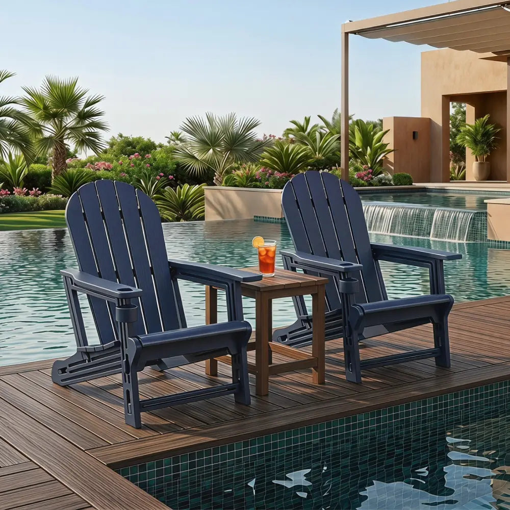 Set of 2 HDPE Adirondack Chair with Cup Holder and Wooden Texture for Patio-Blue - Blue - Adirondack Chairs
