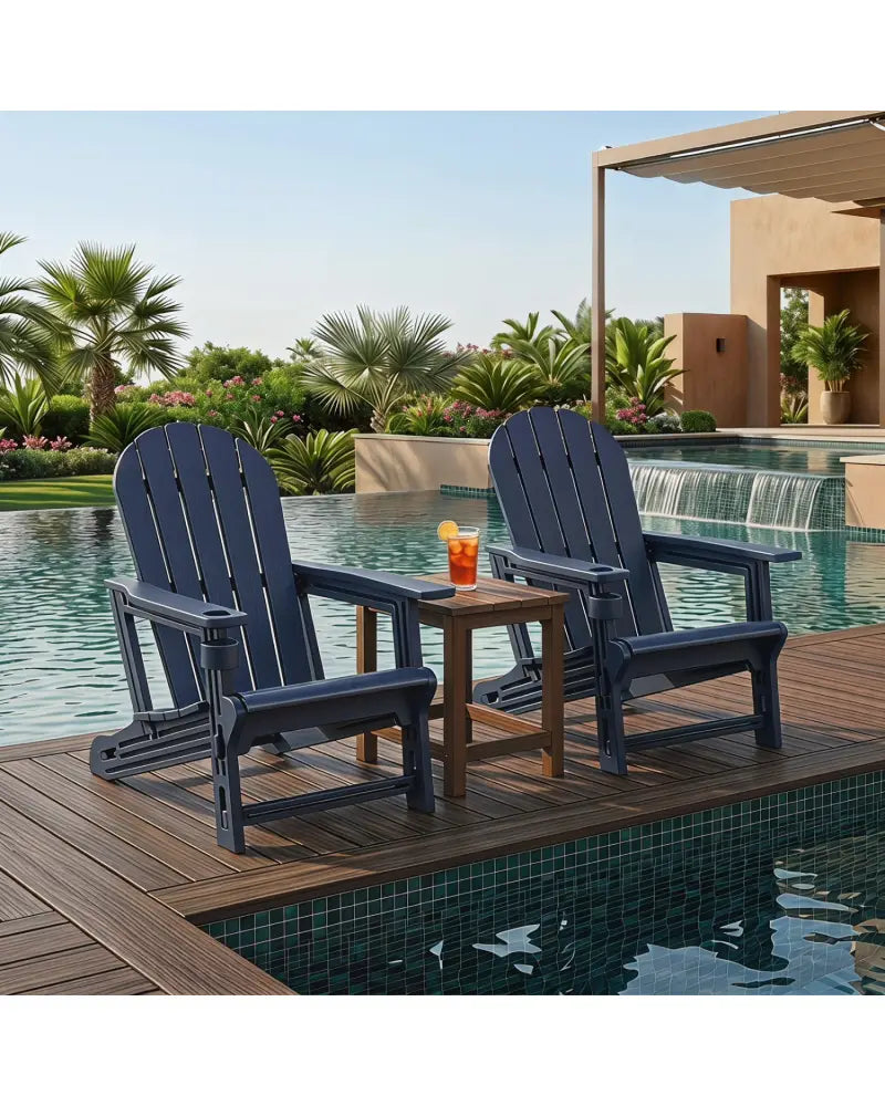 Set of 2 HDPE Adirondack Chair with Cup Holder and Wooden Texture for Patio-Blue - Blue - Adirondack Chairs