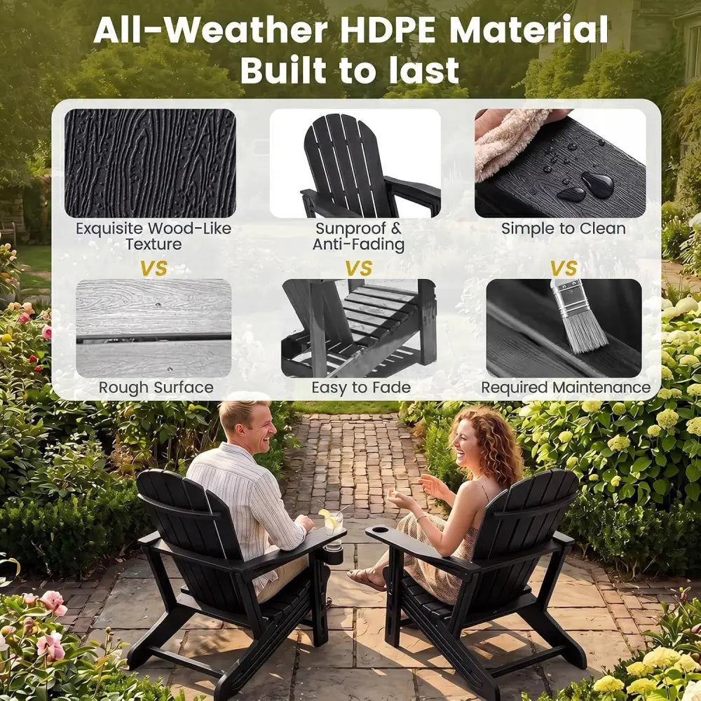 Set of 2 HDPE Adirondack Chair with Cup Holder and Wooden Texture for Patio-Black - Black - Adirondack Chairs