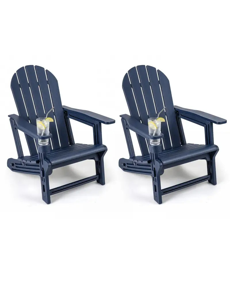 Set of 2 HDPE Adirondack Chair with Cup Holder and Wooden Texture for Patio-Blue - Blue - Adirondack Chairs