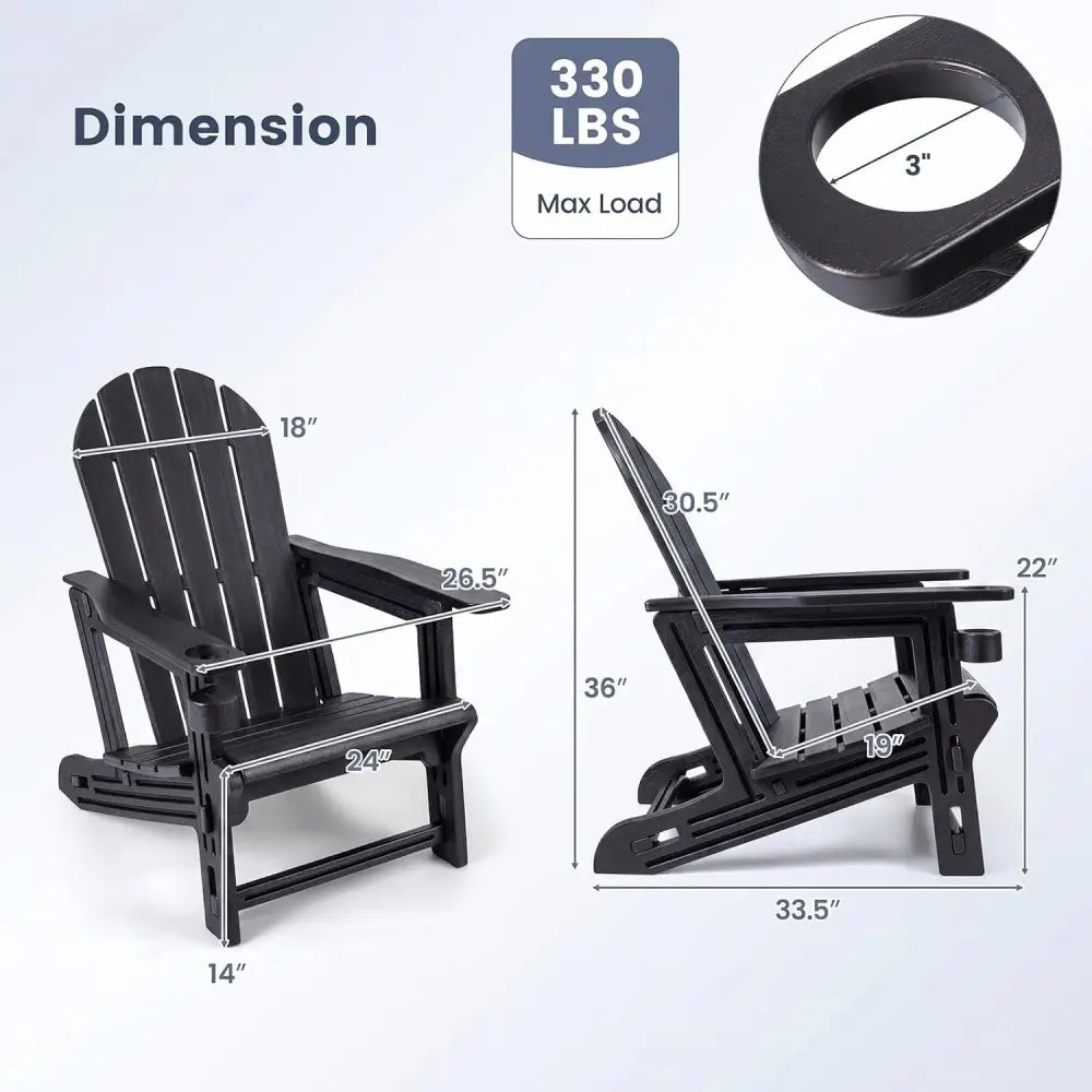 Set of 2 HDPE Adirondack Chair with Cup Holder and Wooden Texture for Patio-Black - Black - Adirondack Chairs