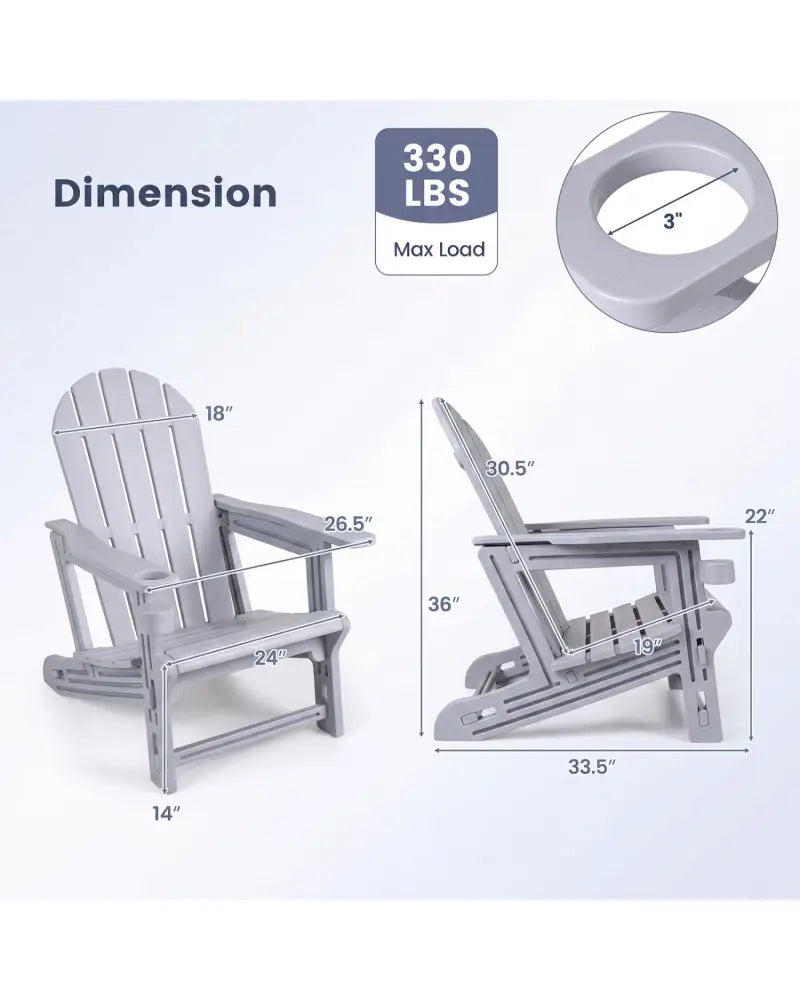 Set of 2 HDPE Adirondack Chair with Cup Holder and Wooden Texture for Patio-Gray - Gray - Adirondack Chairs