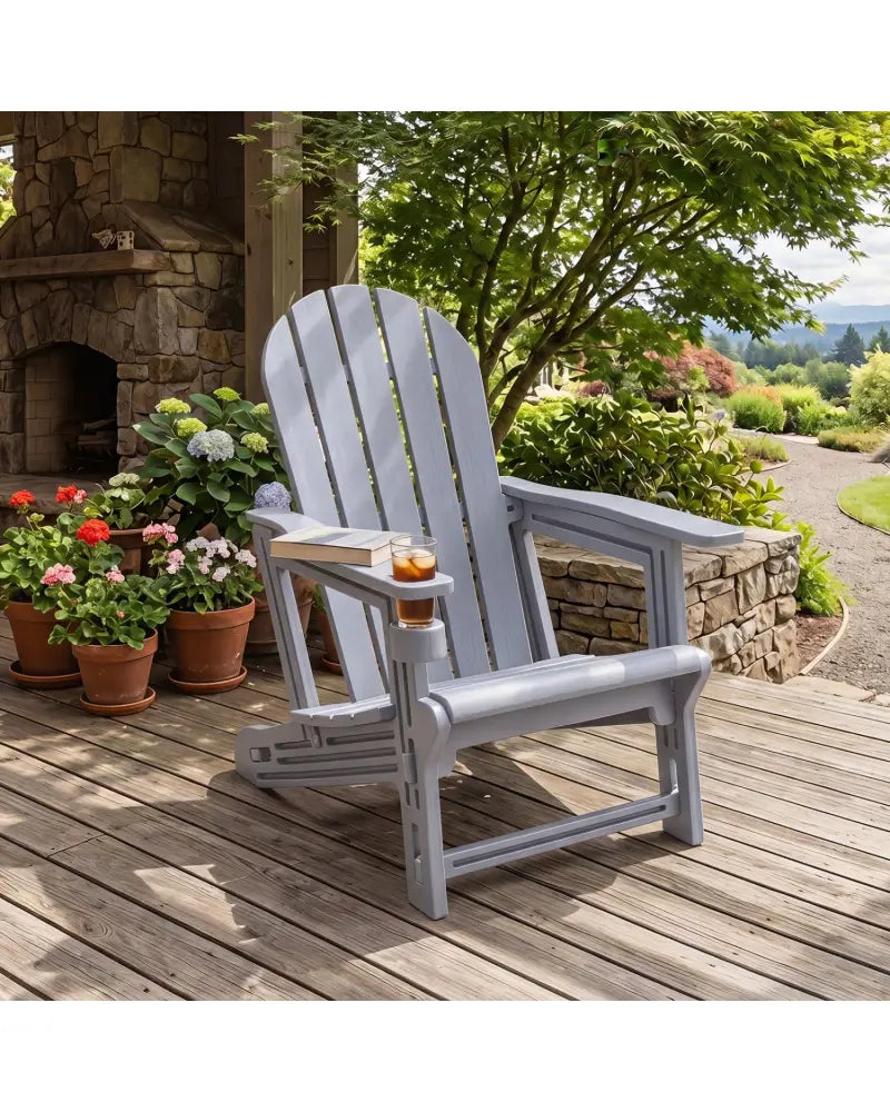 Set of 2 HDPE Adirondack Chair with Cup Holder and Wooden Texture for Patio-Gray - Gray - Adirondack Chairs