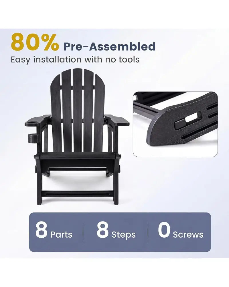 Set of 2 HDPE Adirondack Chair with Cup Holder and Wooden Texture for Patio-Black - Black - Adirondack Chairs
