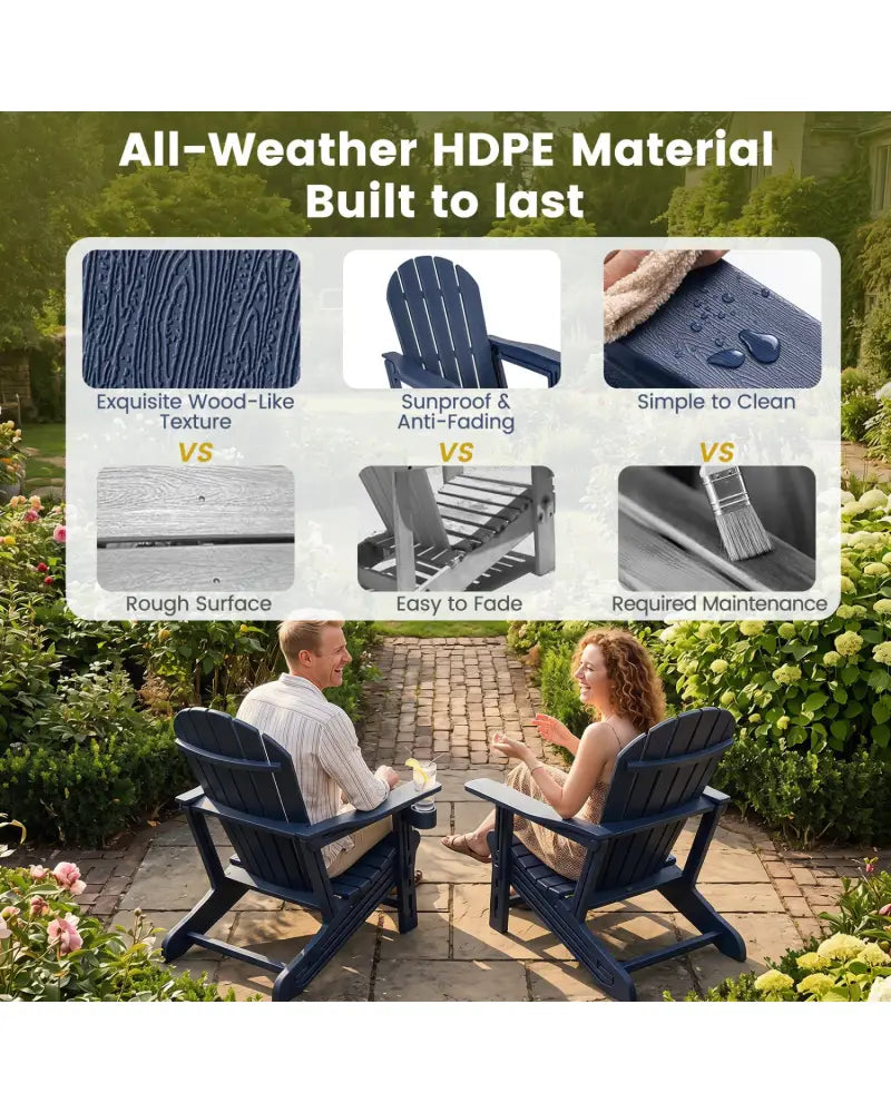 Set of 2 HDPE Adirondack Chair with Cup Holder and Wooden Texture for Patio-Blue - Blue - Adirondack Chairs