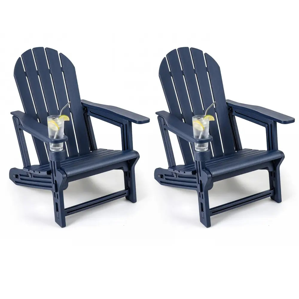 Set of 2 HDPE Adirondack Chair with Cup Holder and Wooden Texture for Patio-Blue - Blue - Adirondack Chairs