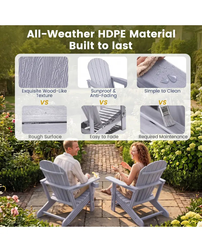 Set of 2 HDPE Adirondack Chair with Cup Holder and Wooden Texture for Patio-Gray - Gray - Adirondack Chairs