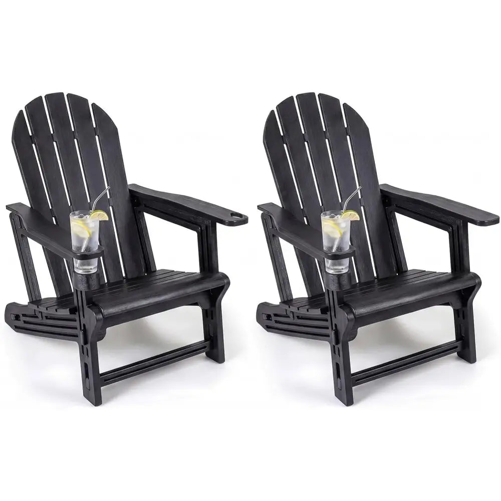 Set of 2 HDPE Adirondack Chair with Cup Holder and Wooden Texture for Patio-Black - Black - Adirondack Chairs