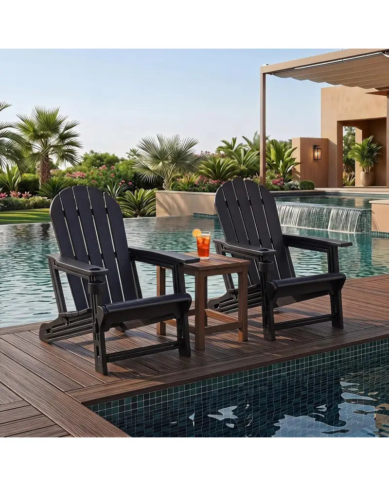 Set of 2 HDPE Adirondack Chair with Cup Holder and Wooden Texture for Patio-Black - Black - Adirondack Chairs