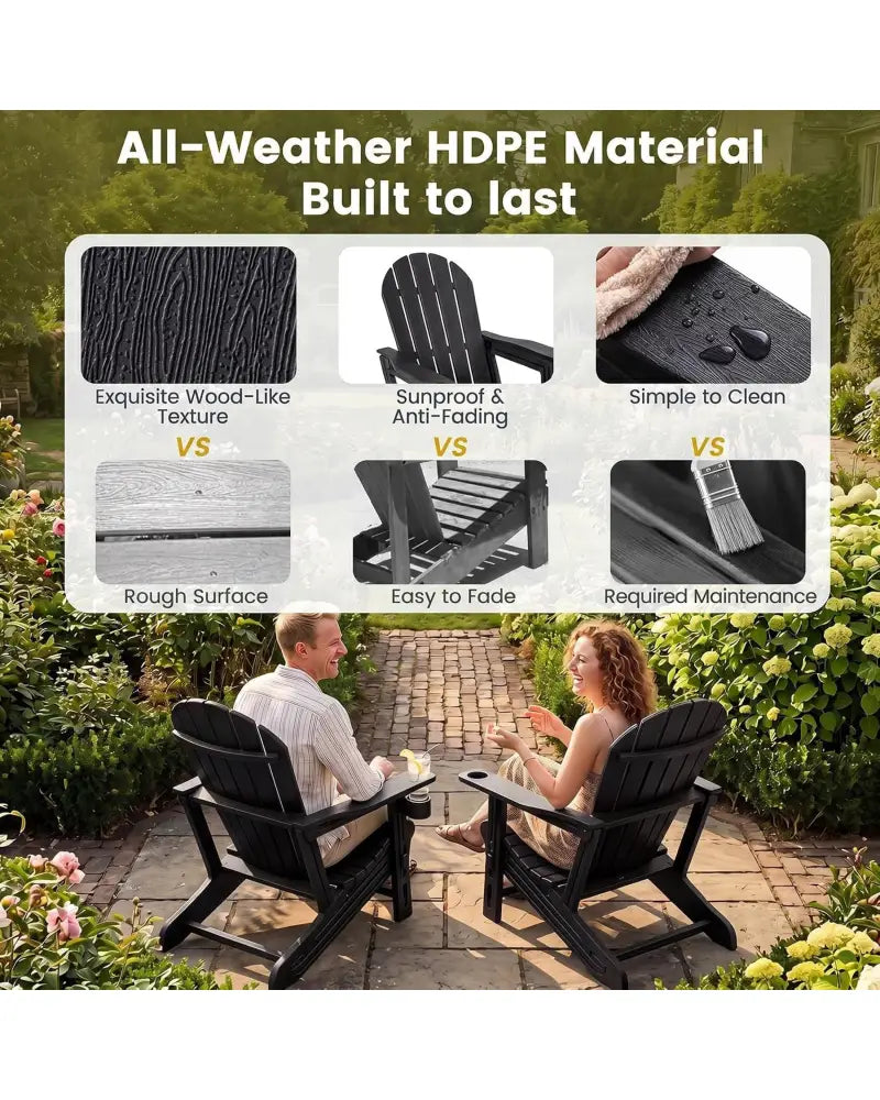 Set of 2 HDPE Adirondack Chair with Cup Holder and Wooden Texture for Patio-Black - Black - Adirondack Chairs