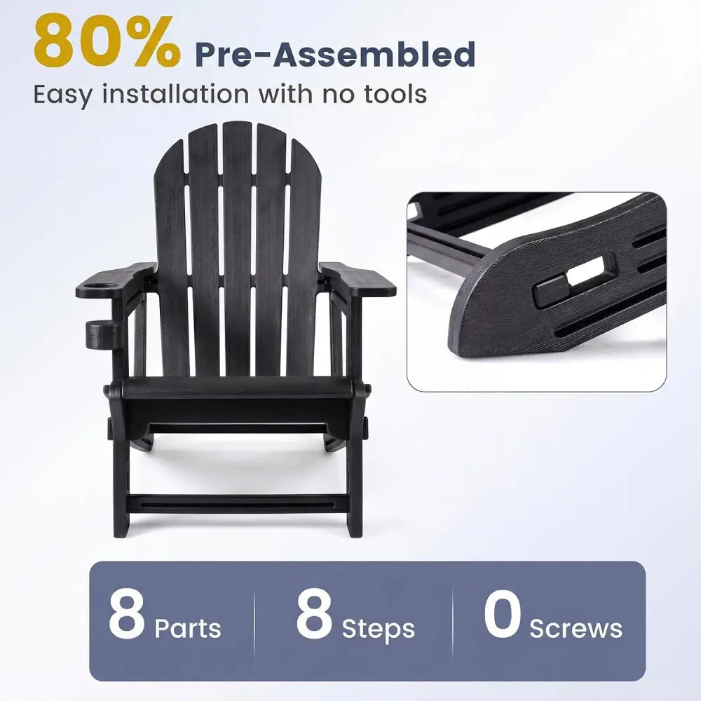 Set of 2 HDPE Adirondack Chair with Cup Holder and Wooden Texture for Patio-Black - Black - Adirondack Chairs
