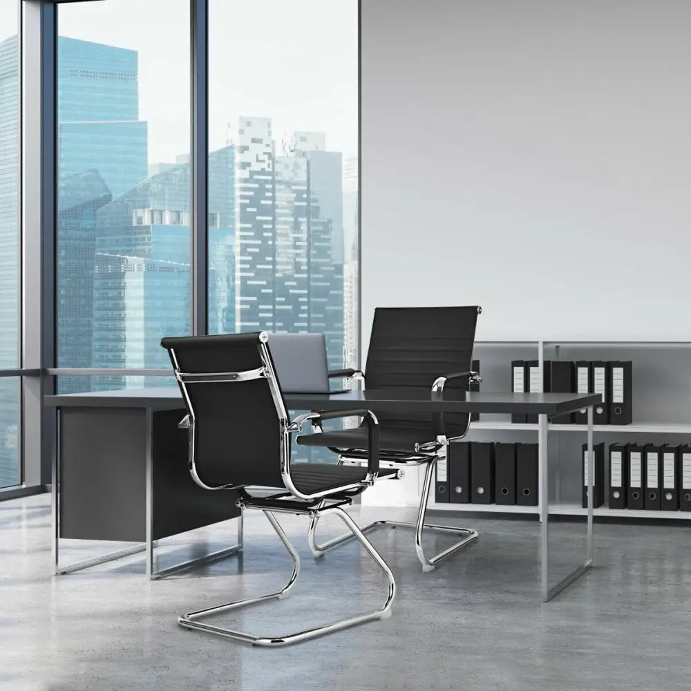 Set of 2 Heavy Duty Conference Chair with PU Leather-Black - Black - Conference Chairs