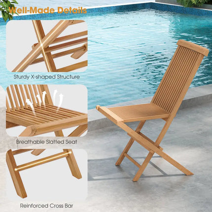 Set of 2 Indonesia Teak Patio Folding Chairs with High Back and Slatted Seat - Natural - Patio Dining Chairs