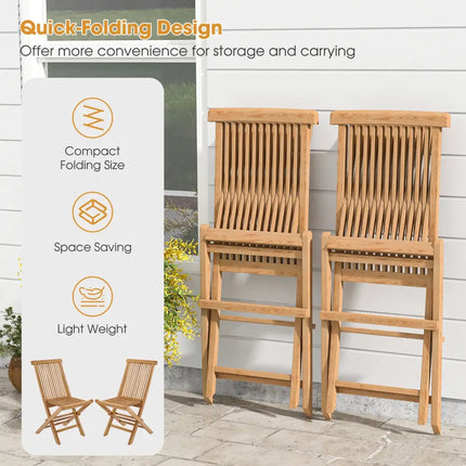Set of 2 Indonesia Teak Patio Folding Chairs with High Back and Slatted Seat - Natural - Patio Dining Chairs