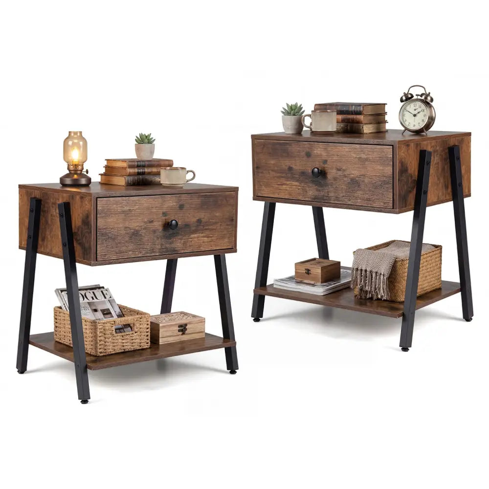 Set of 2 Industrial Nightstand with Adjustable Foot Pads for Bedroom-Rustic Brown - Rustic Brown - Nightstands