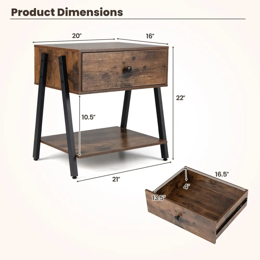 Set of 2 Industrial Nightstand with Adjustable Foot Pads for Bedroom-Rustic Brown - Rustic Brown - Nightstands